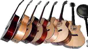 A bunch of guitars and a banjo